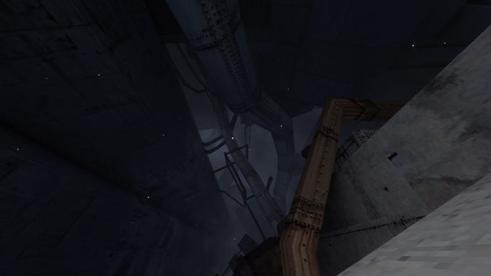 A view of a misty chasm of girders in Lorn’s Lure