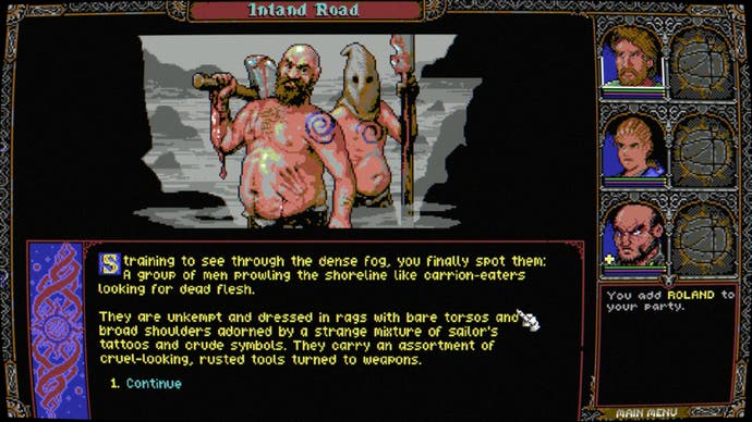 A screenshot of Skald: Against the Black Priory, showing a pair of bare-chested reavers. One wields a bloody axe, while the other wears a sackcloth hood and carries a spear.