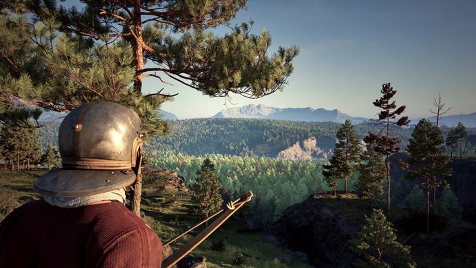 A Roman soldier with a helmet and bow looking out over a forested landscape with mountains behind