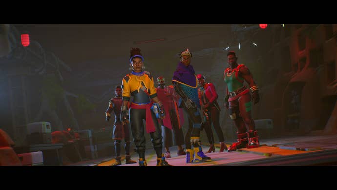 A cutscene presumption of the halfway formed of Relooted - a radical of Black heist operatives wearing Africanfuturist apparel and equipment.