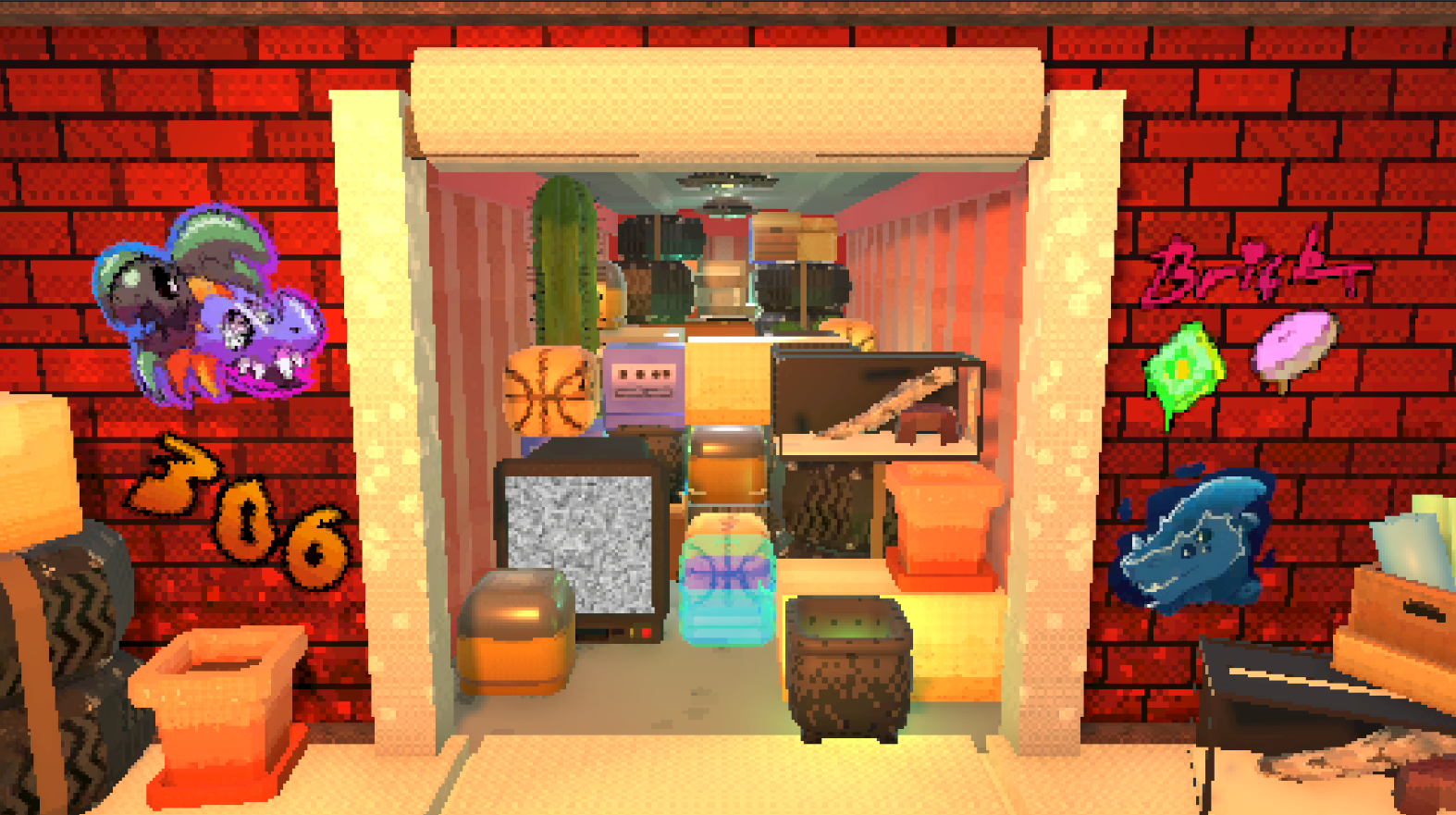 Una caja de envío pixelada llena de televisores en forma de bloque, baloncesto y tanques, desde el juego de este lado.