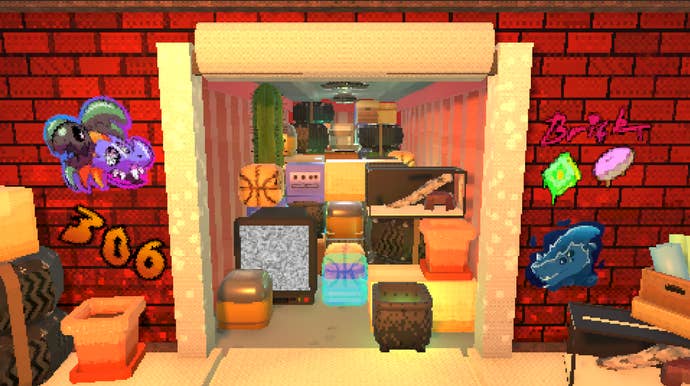 A pixelated shipping crate afloat of block-shaped TVs, basketballs and tanks, from the crippled This Side Up.