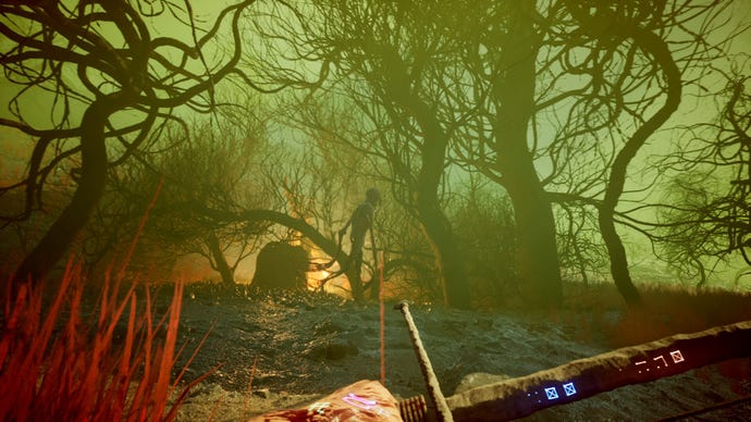 A menacing figure wandering through distant undergrowth while the player aims an arrow in The Axis Unseen