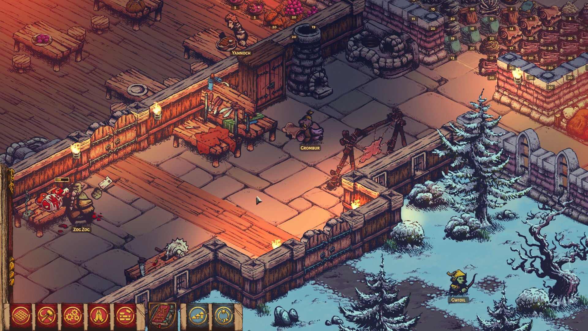 A snowy entrance to a stone and wood fortress with storage visible up on the right and an eating chamber deeper in, from isometric colony builder Architect of Ruin. - 7