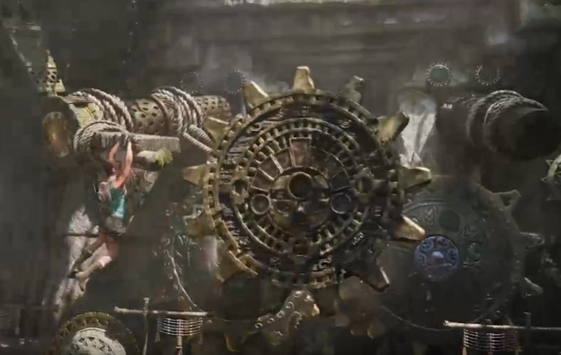 Lara Croft dangling from an ancient stone gear mechanism in a possible leaked image for a Tomb Raider game. - 3