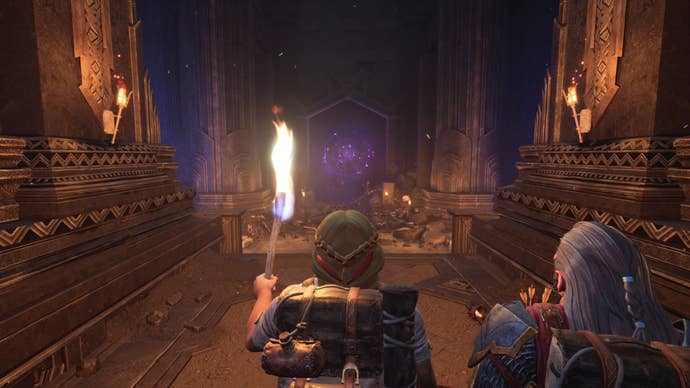 Two dwarves investigating a pillared hallway in Return to Moria