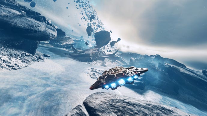 A vessel in Jump Ship swooping over an icy planet