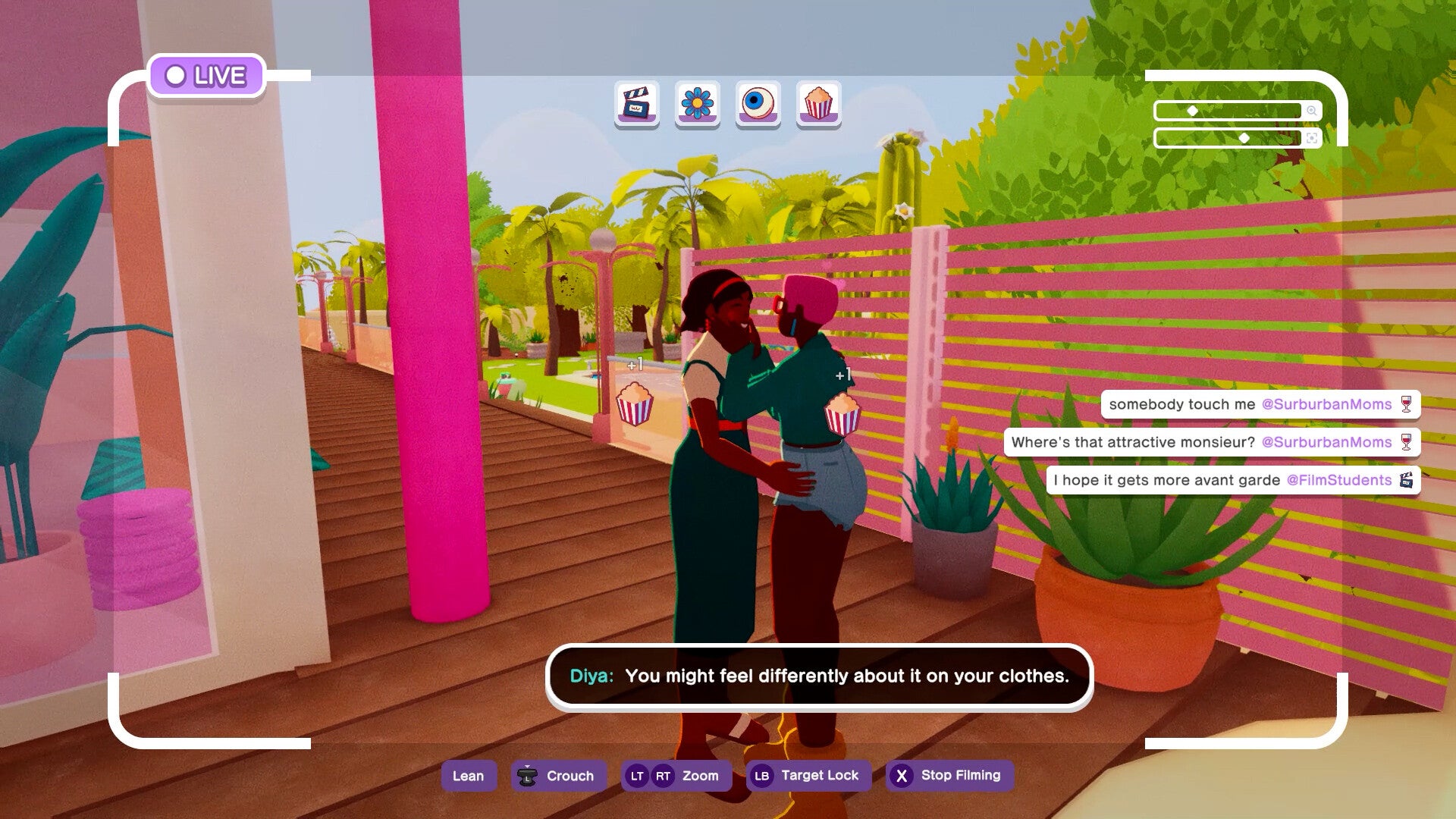 A scene of two characters embracing in The Crush House, with live comments reactions down the righthand side - 6
