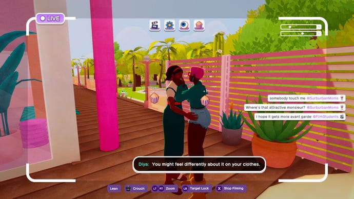 A scene of two characters embracing in The Crush House, with live comments reactions down the righthand side