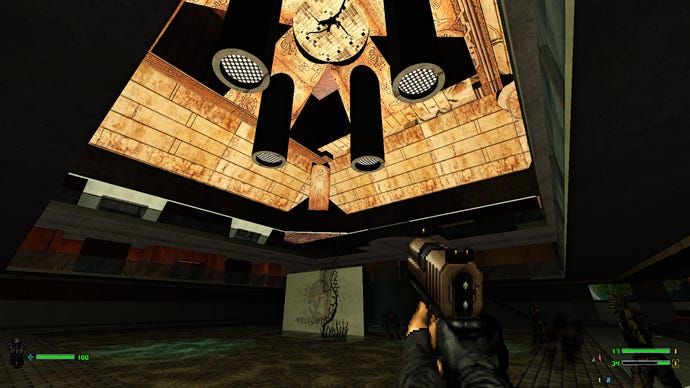 A screenshot of Doom 2 mod Siren, showing the player looking up at a strange stony ceiling with odd patterns. On a sign below there are the words "welcome home"