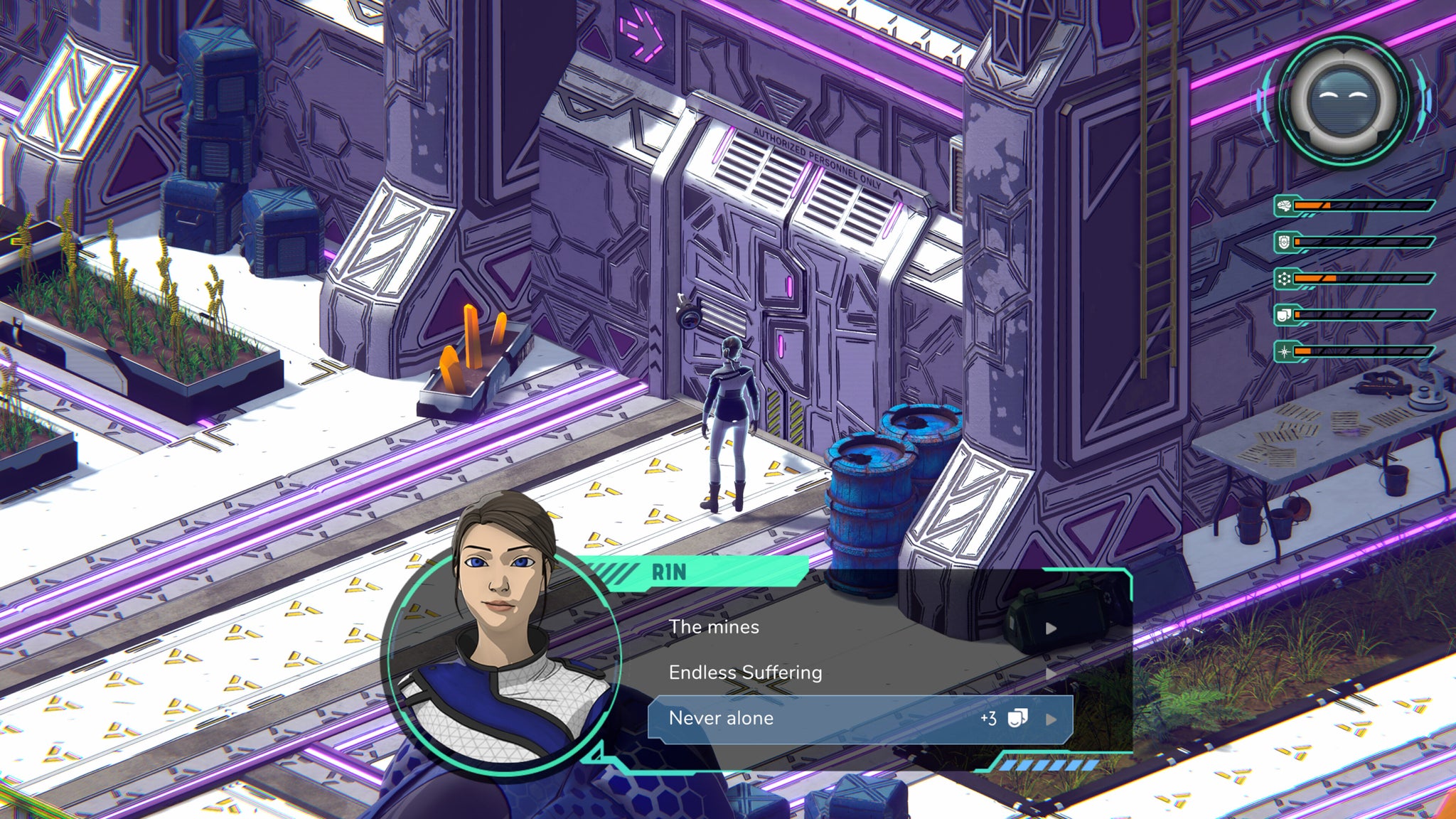 A character talkin in a purple and white urban location in Sky Of Tides - 5