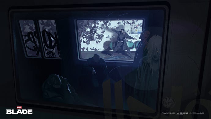 Concept artwork for Arkane's Blade game, showing Blade battling stylised bats through the window of a metro train full of sleepy vampires