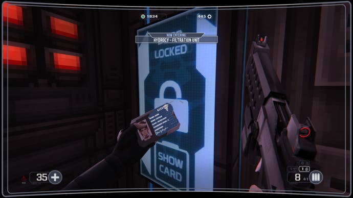 A screenshot of Selaco, showing the player touching an electronic wall panel with a keycard to activate it.