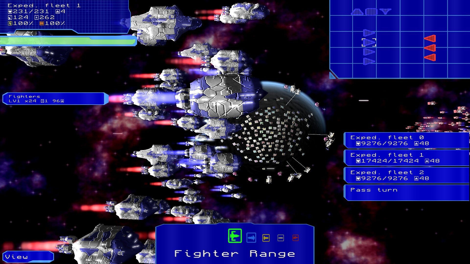 A battle in Hard Void with fleets of starships flying parallel to the view in the foreground, and a planet in the distance.