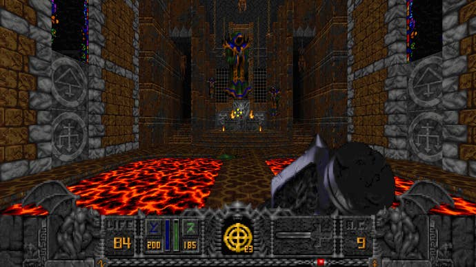 A screenshot of Hexen: Vestiges of Glory, showing the player character in a lava filled chamber, with green-robed mages floating around the space.