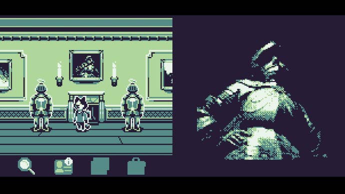 Two combined images of an art exhibition game created using Game Boy Camera