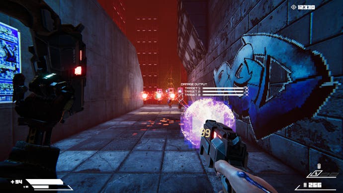 A screenshot of Turbo Overkill, showing the player locking onto enemies with their twin laser pistols.