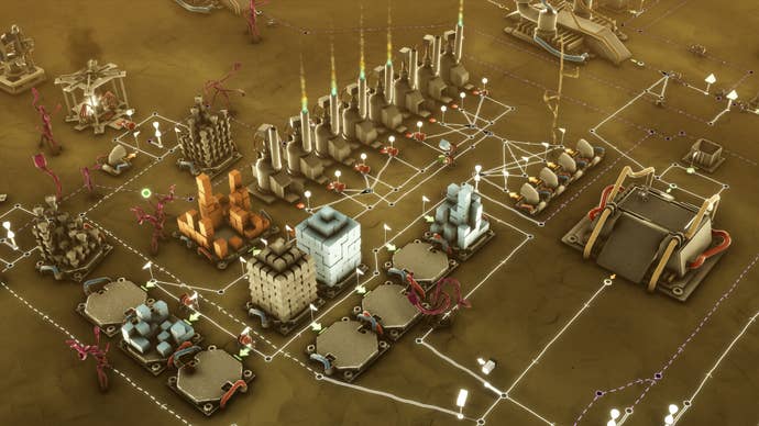 A factory run by ants in Microtopia, consisting of smokestacks and stockpiles and production facilities of several kinds in a sandy brown area.