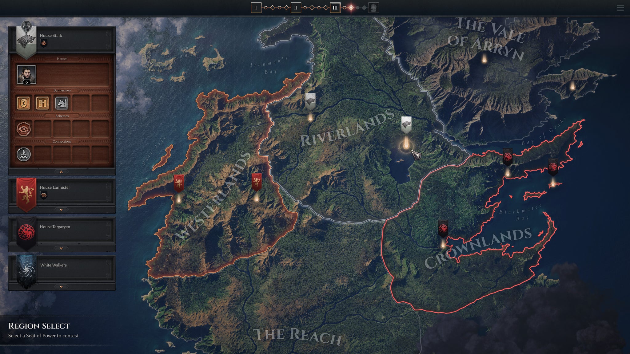 A map view of a green continent with named regions, from Game Of Thrones: War For Westeros - 4