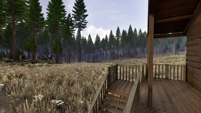 A view from a wooden cabin's upper deck of grassy fields and forest in Prologue: Go Wayback!