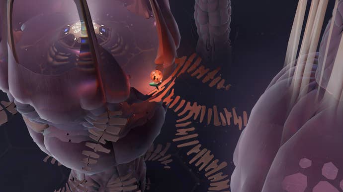 The player character carrying a world marble down a rather unsafe-looking staircase in Geometric Interactive’s Cocoon.