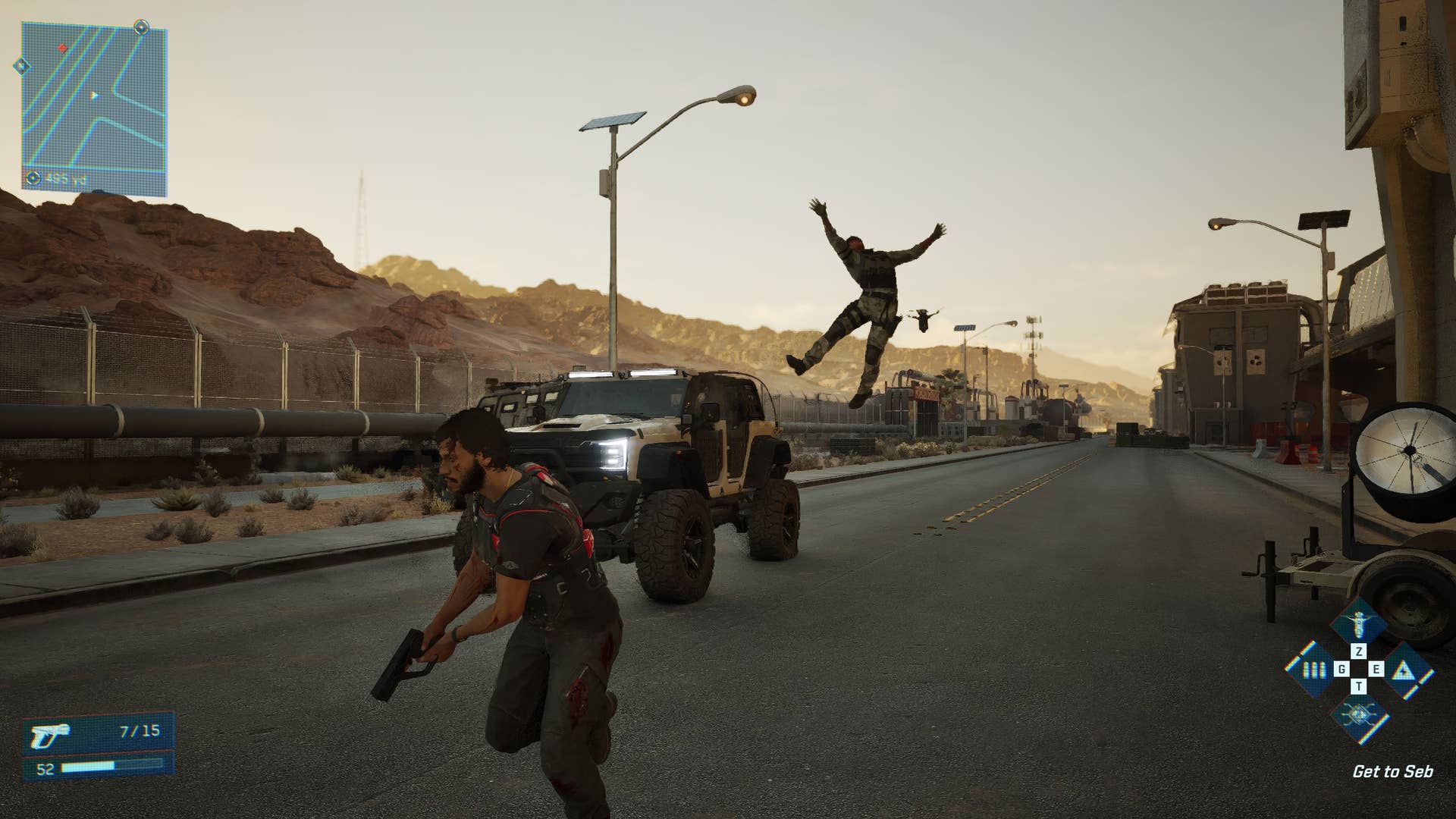 A screenshot of MindsEye, showing Diaz running toward the camera as an enemy ragdoll flies through the air.