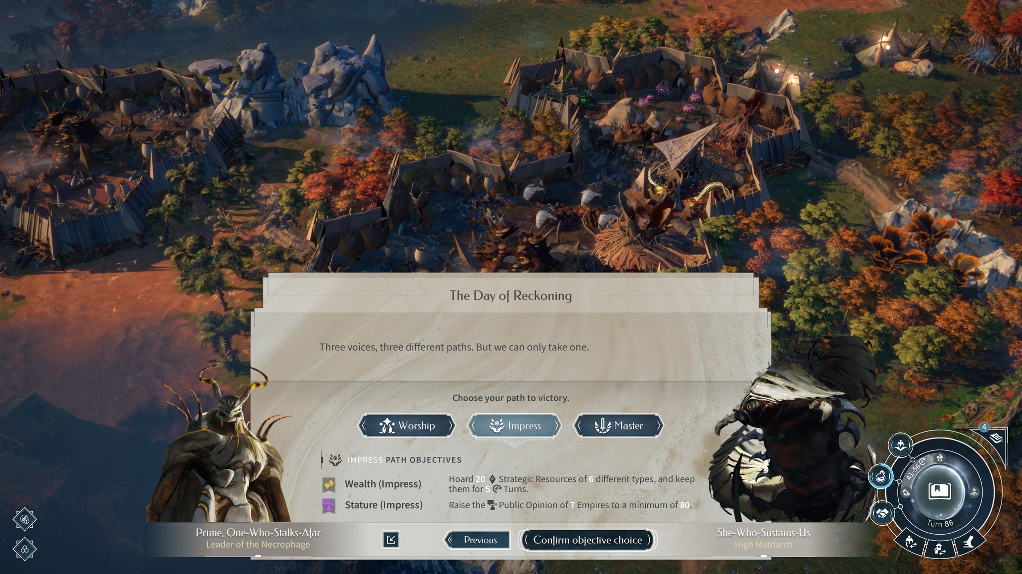A choice of three victory objectives in Endless Legend 2, with the world map visible behind. - 5