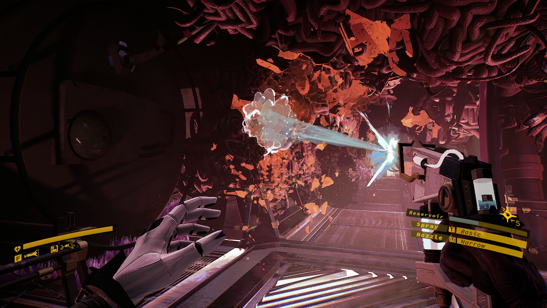 A player demolishing a big red wall of fungus with a spraygun in first-person scifi sim Ambrosia Sky - 4