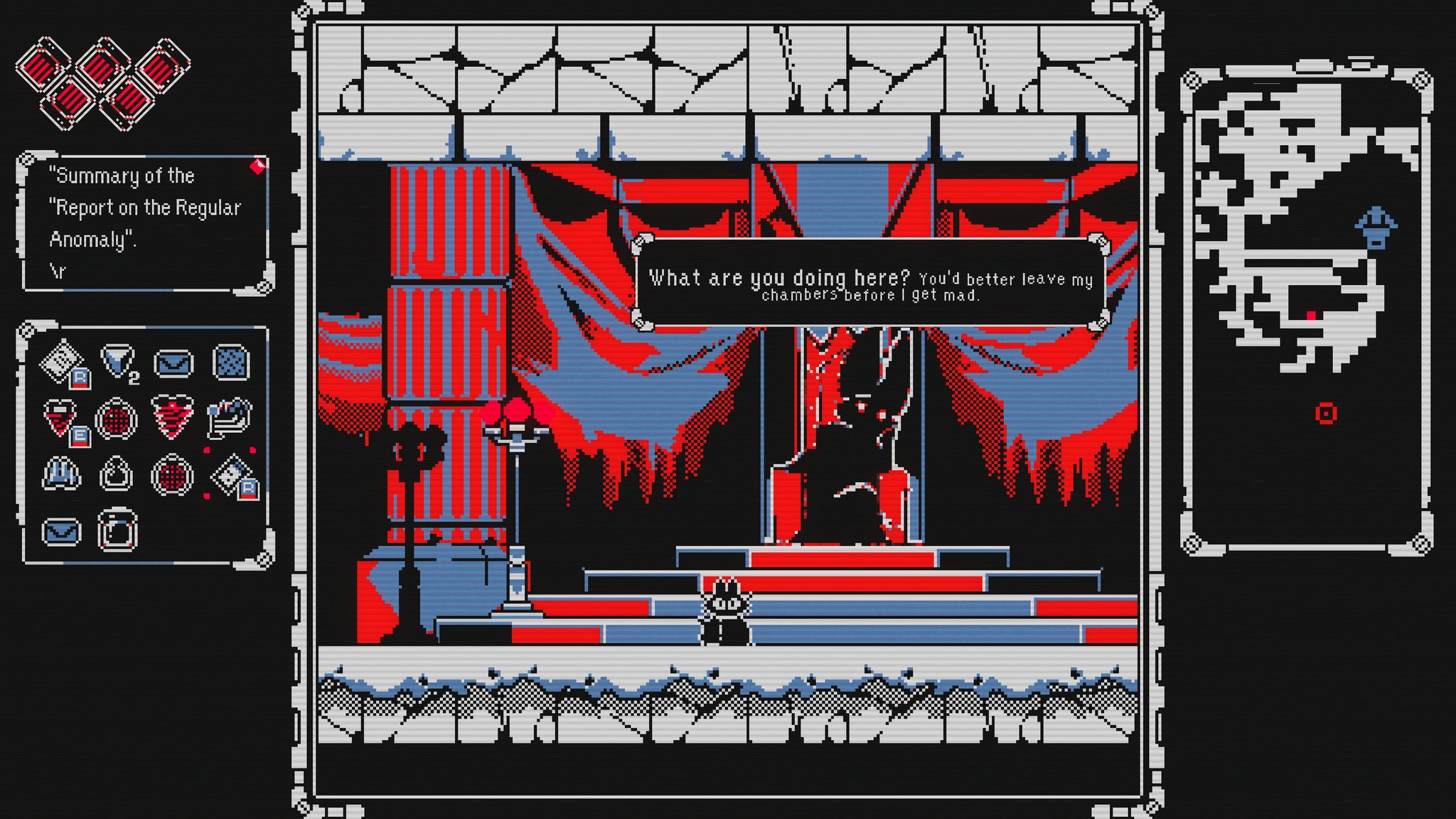 A menacing, red-lit throne room in Everdeep Aurora with a bat-headed figure - 4