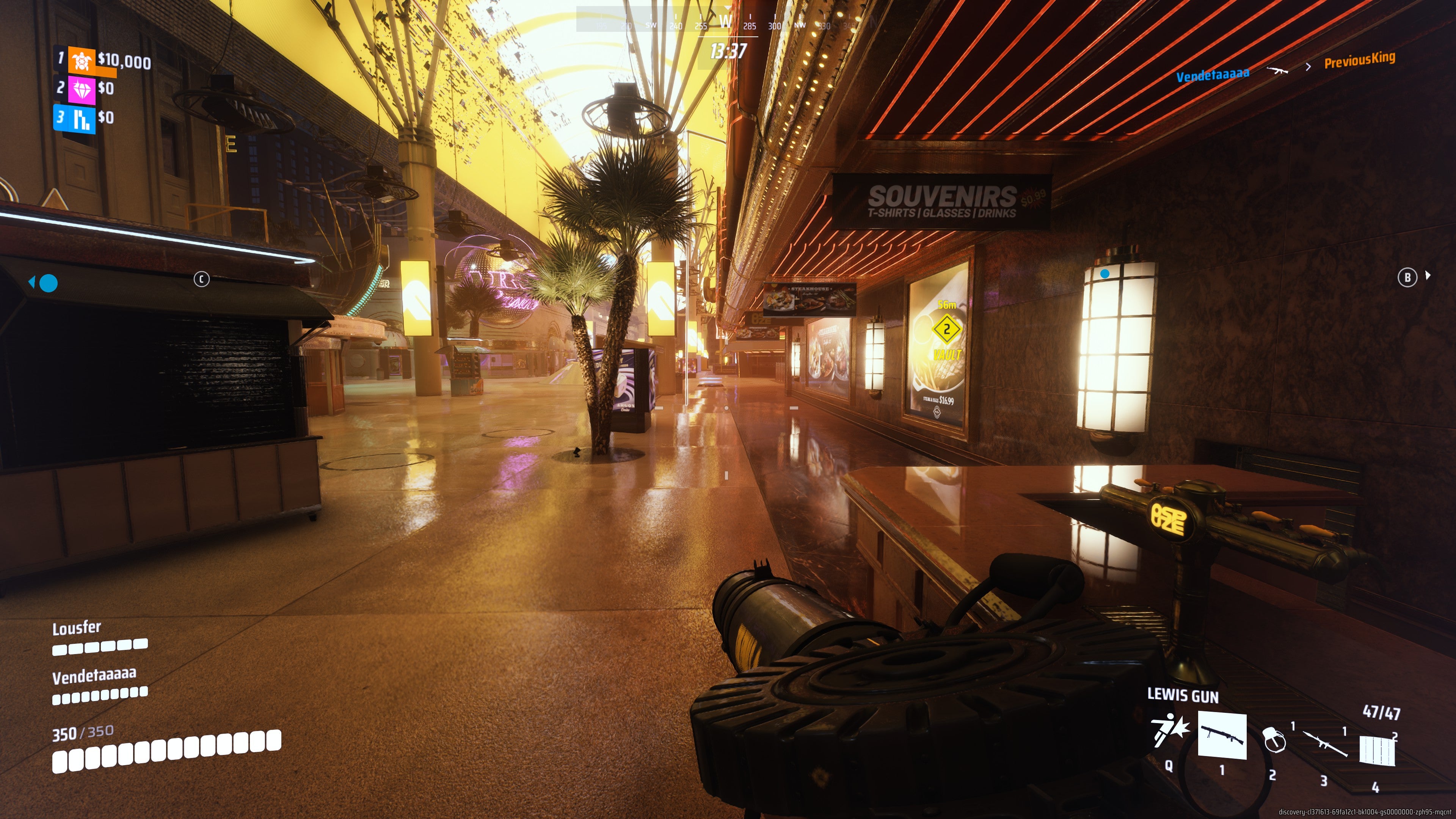 A screenshot of the Finals, depicting the player running along a neon-drenched street in Las Vegas.