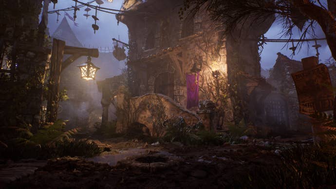 A moody, misty castle exterior in Ghost Of A Tale 2, with dangling lamps and wall torches illuminating tapestries, and a dim blue sky overhead