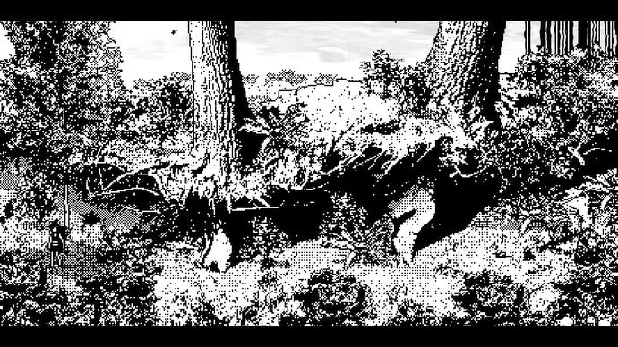 A screen of indie horror investigation sim My Work Is Not Yet Done, showing a staticky black-and-white view of some tree trunks.