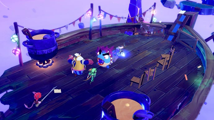 A player using a giant fish to attack enemies on a flying pirate ship in Windblown
