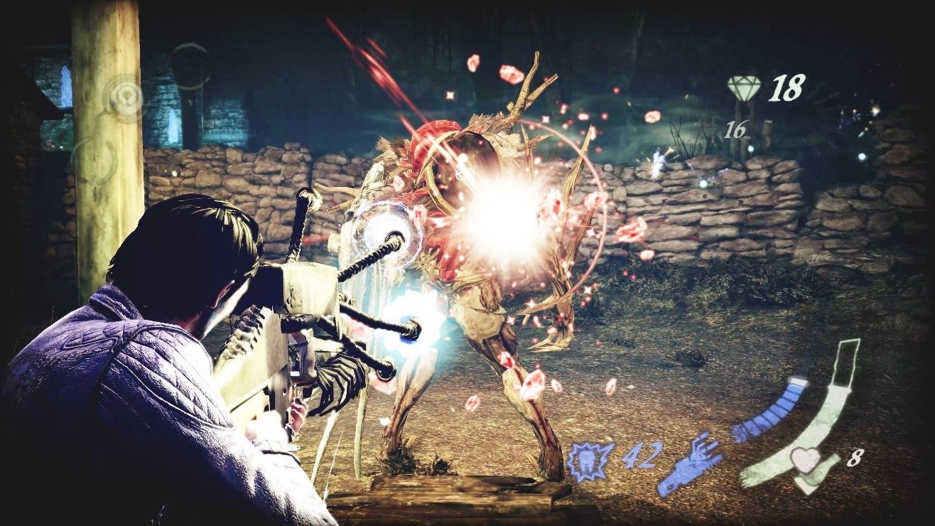 Screenshot of Shadows of the Damned: Hella Remastered showing lead character shooting over the shoulder at a demon