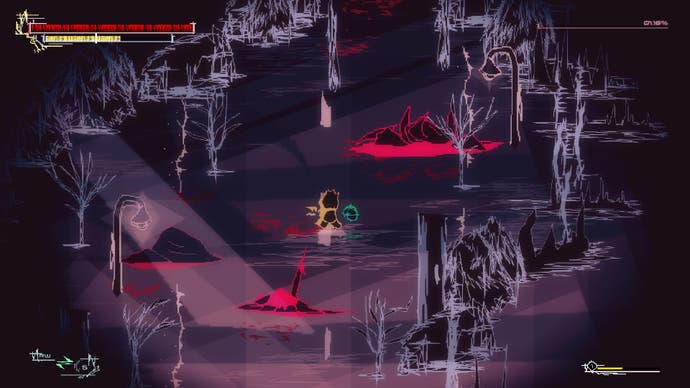 A scenes from hack and slash action-RPG Death of a Wish, showing lamp posts, forests and various butchered bodies.