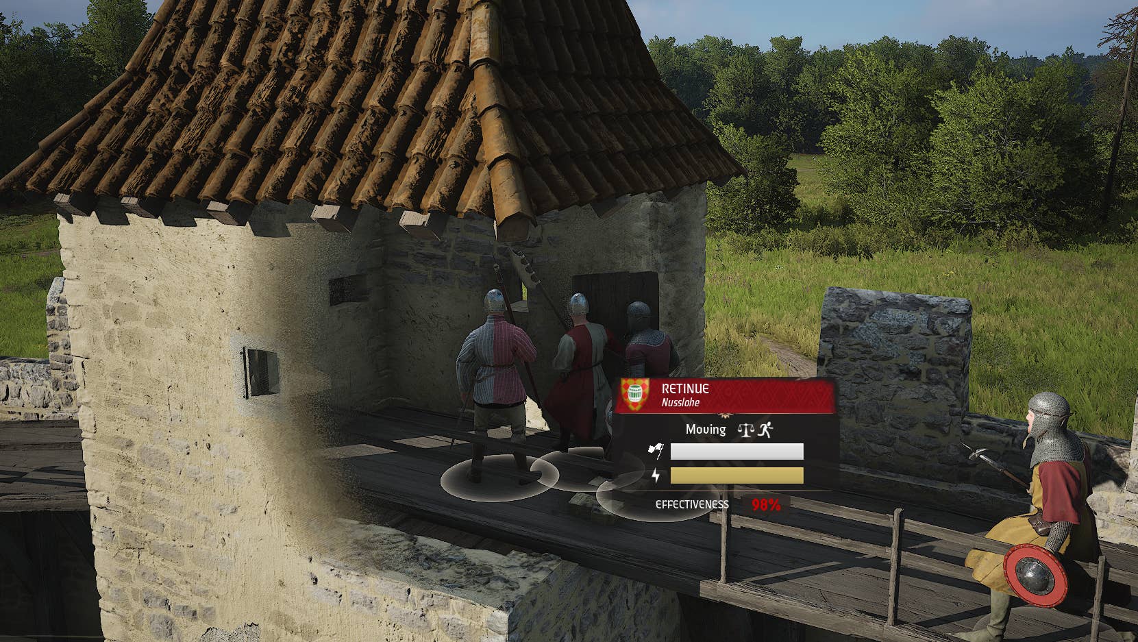 Manor Lords riceve un completo restyling con un nuovo sistema di affinità, una mappa, negozi e postazioni di lavoro rivoluzionati 3 Vista a parete trasparente di alcuni soldati all'interno di una fortificazione in Manor Lords.