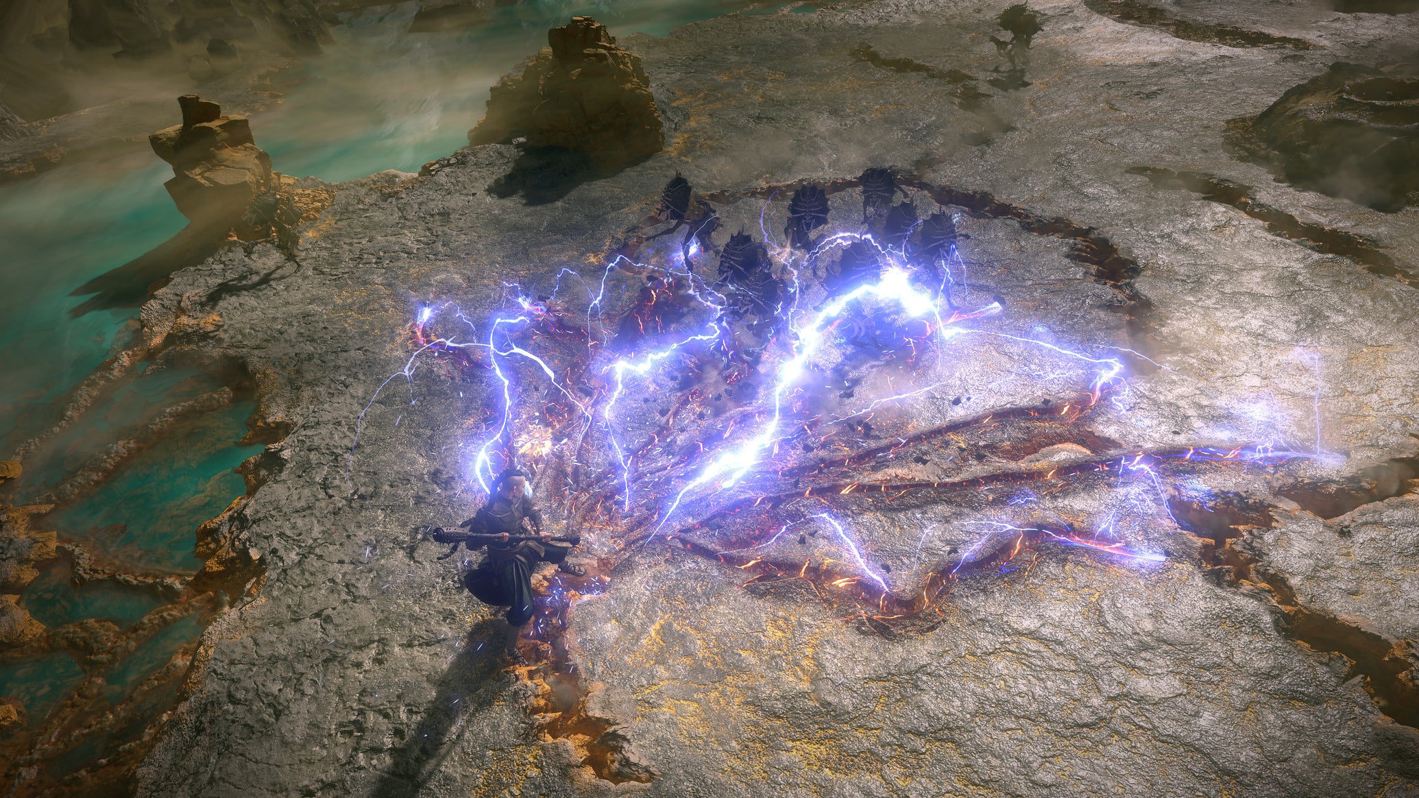A character shooting lightning bolts at a group of beasts in RPG Path of Exile 2 - 1