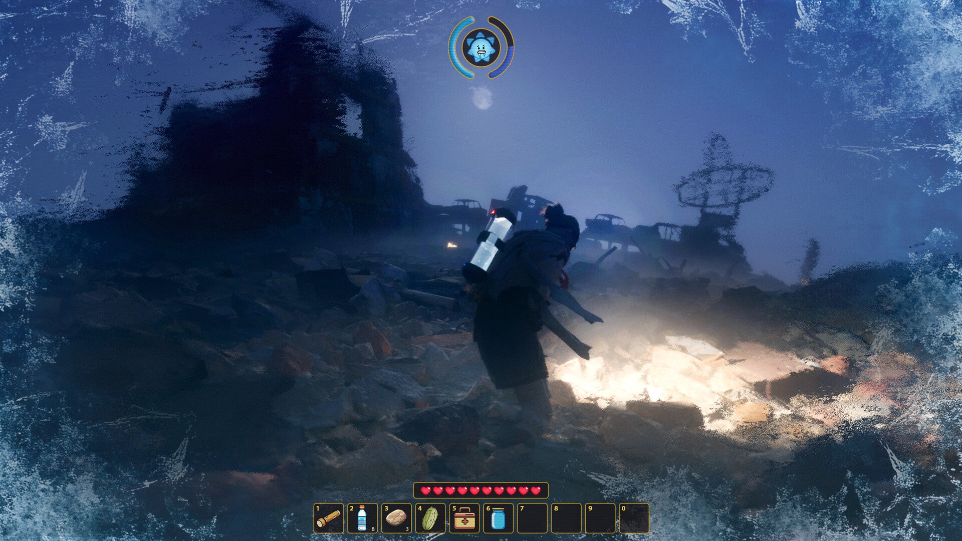 A scene at night in Hello Sunshine, with frost eating into the screen edges as your character explores the rocky desert. - 6