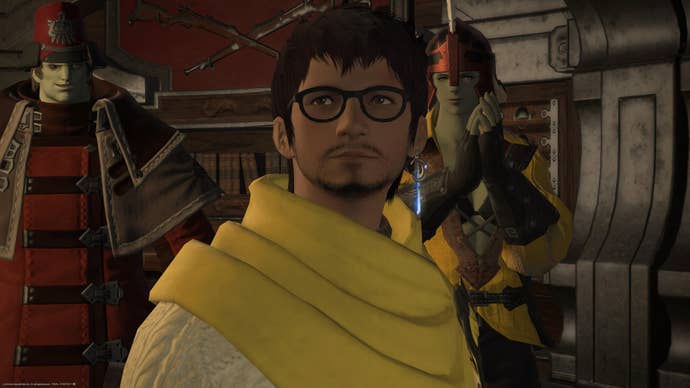 Final Fantasy 14 Pedro Pascal with a some appreciative on-looking NPCs.