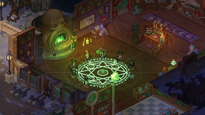 Witchbrook screenshot showing isometric view of wizard schoolkids performing a glowing green ritual
