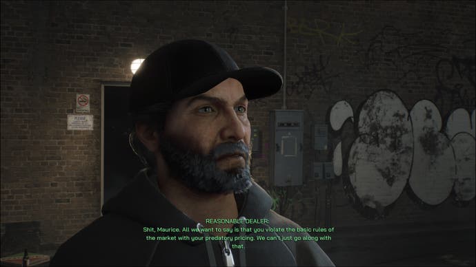 A screenshot of RoboCop: Rogue City, showing a drug dealer discussing the rules of the drug market.