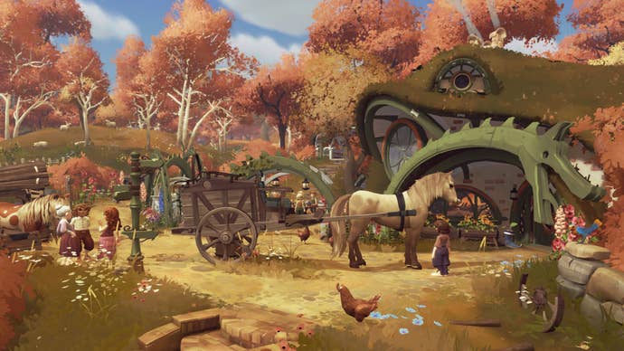 Hobbits and a horse and cart gathered outside a domed soil dwelling in an autumnal forest scene from Tales Of The Shire.