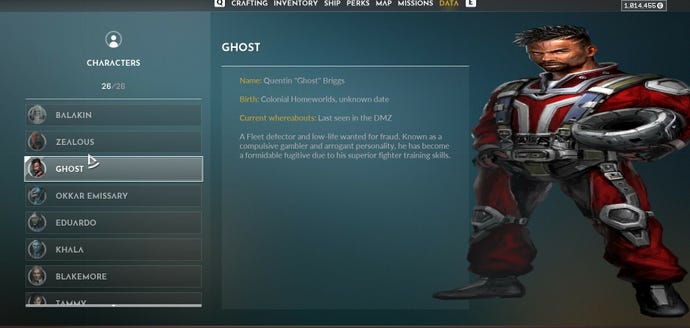 A screenshot of a bug in Everspace 2, showing a menu with flattened character art