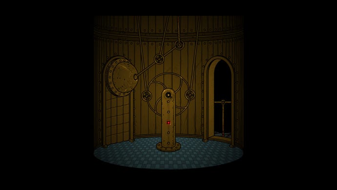 A room with a wheel and a door in Submachine: Legacy