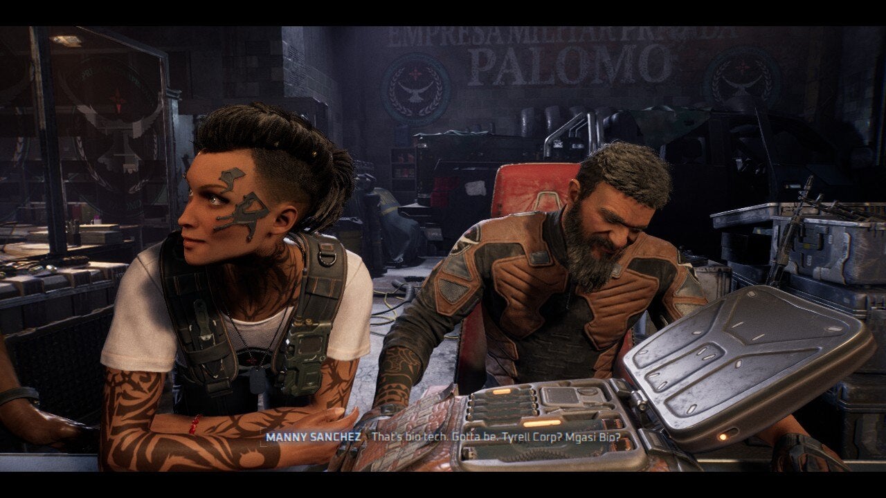 A woman with metal face implants and a guy with a big beard sitting at a table with some fancy tech on it in first-person shooter La Quimera - 1