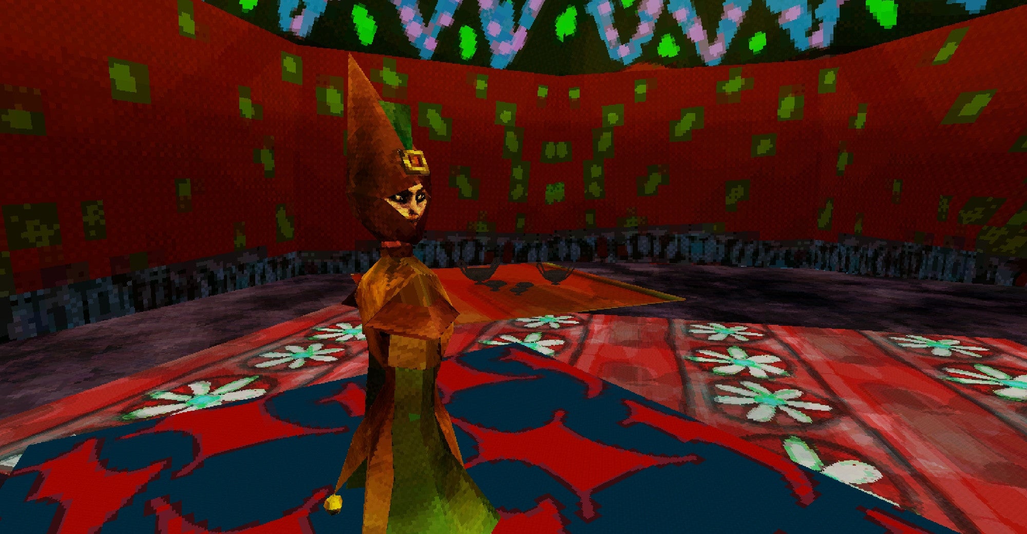 A horrible creepy character in Sha Beast Dressage, clad in a pointy hat and coloured robes inside a chamber of scarlet and floral patterns. - 3