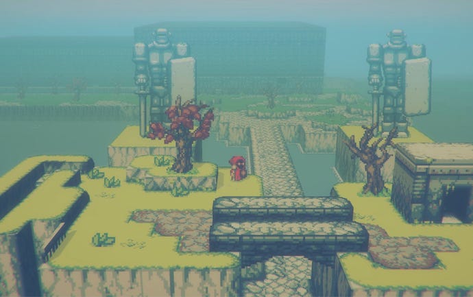 A screenshot of Jasper Byrne’s untitled action-RPG, showing a 2D figure standing near a tree and a bridge with large statues visible through fog