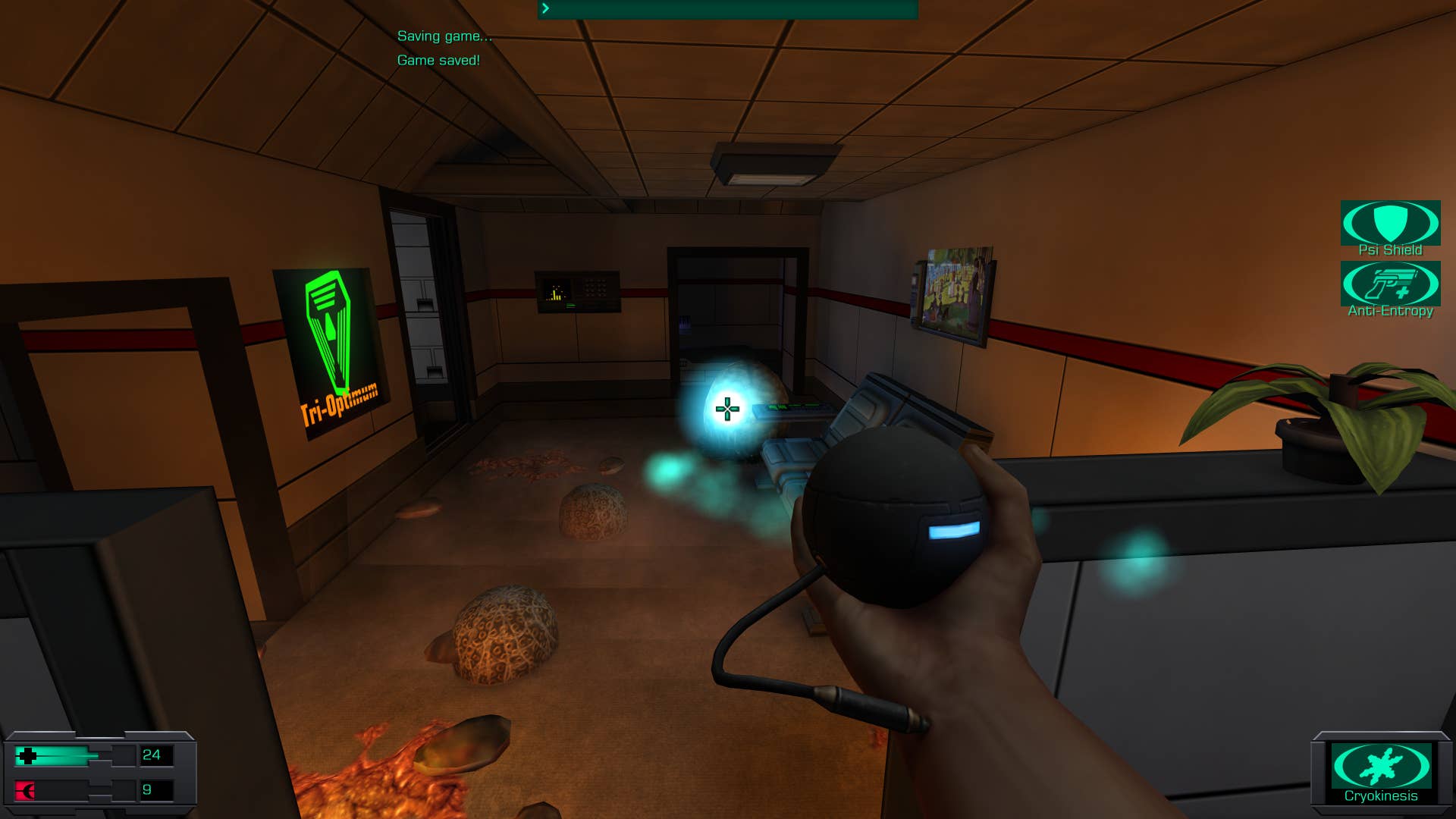 3. A screenshot of System Shock 2: 25th anniversary remaster, showing the player shooting an alien egg with a cryokinetic blast.