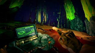 The player using an upgrade terminal in a green cave in Deep Rock Galactic: Rogue Core