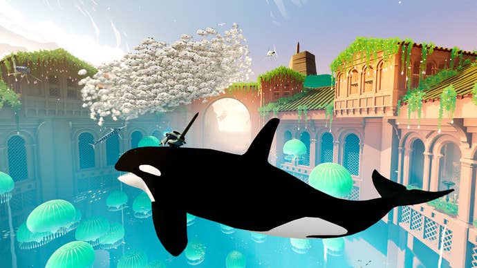 A wraith warrior riding astir connected an airborne slayer whale with jellyfish flocking successful the background, from Sword Of The Sea